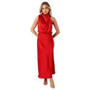 Petal & Pup Red Satin Anabelle Halter Neck Midi Dress Women’s XL NWT